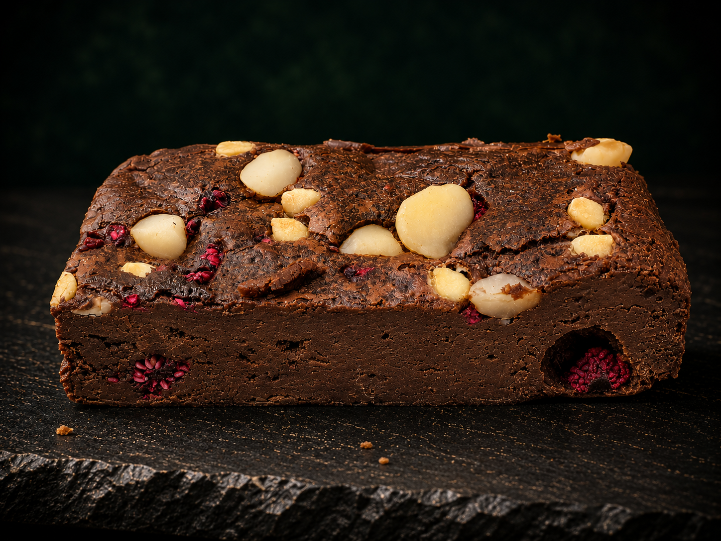 Chocolate, raspberry, white chocolate and macadamia slice