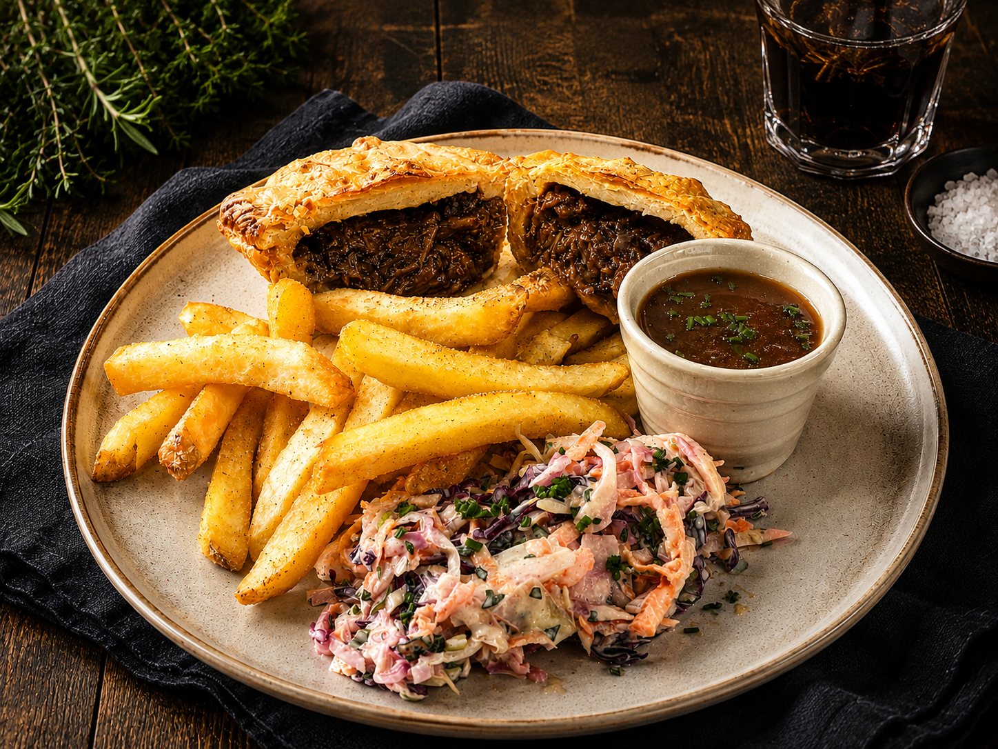 Chicken Mushroom Leek Gorgonzola Pie, Chips, Gravy and Coleslaw (Copy)