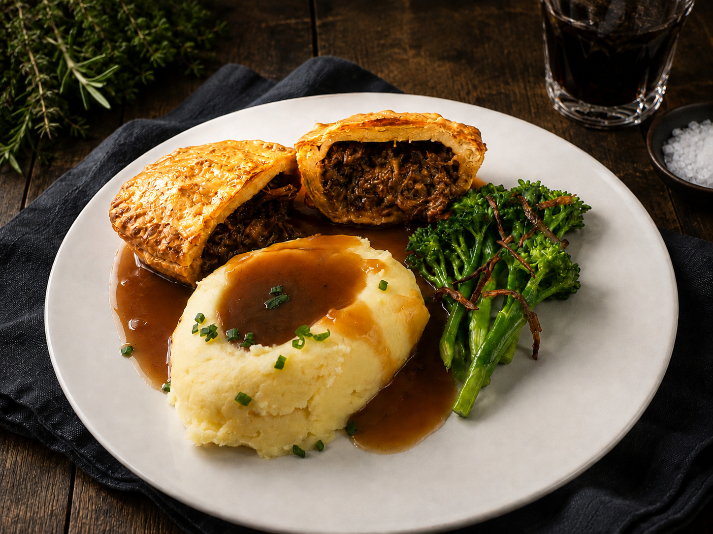 Traditional Beef Pie, Mash, Gravy and Seasonal Greens